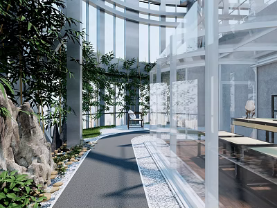 Modern Villa Balcony Design With Glass Railings Lush Greenery And Natural Pathway 3d model