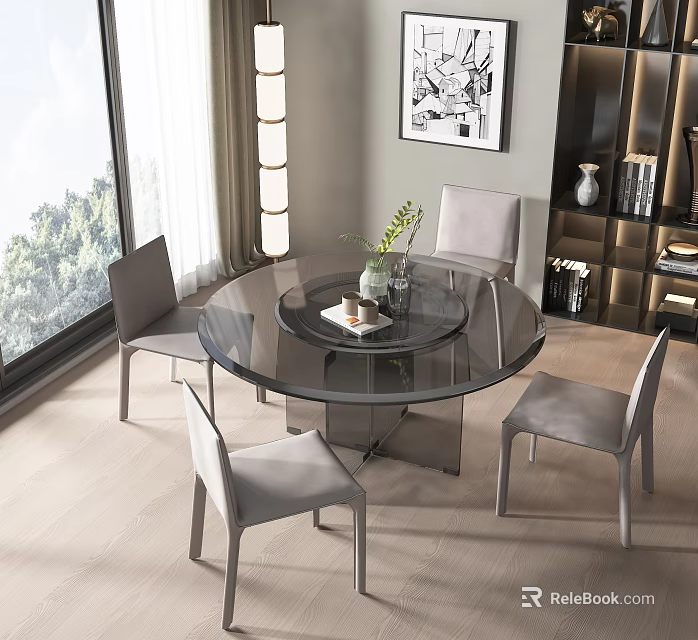 Modern Round Glass Dining Table Set with Four Gray Chairs and Floor to Ceiling Windows 3d model 