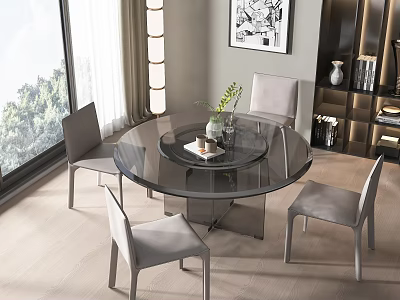 Modern Round Glass Dining Table Set with Four Gray Chairs and Floor to Ceiling Windows 3d model