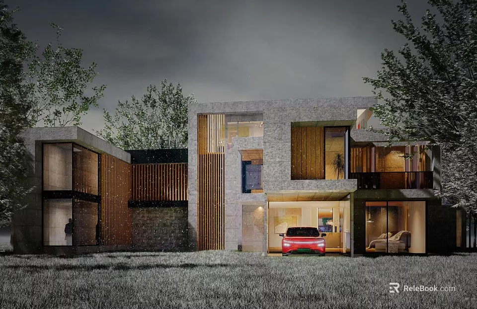 Modern Detached Villa Exterior With Stone Wooden Elements Red Car And Grassland 3d model 