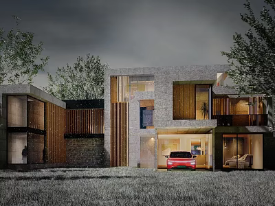 Modern Detached Villa Exterior With Stone Wooden Elements Red Car And Grassland 3d model