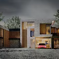 Modern Detached Villa Exterior With Stone Wooden Elements Red Car And Grassland