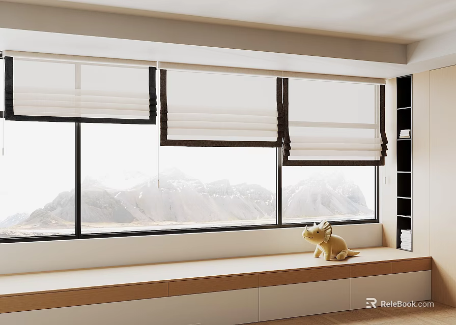 Stylish Window Blinds In Modern Room With Large Windows Mountain View And Wooden Sill 3d model 