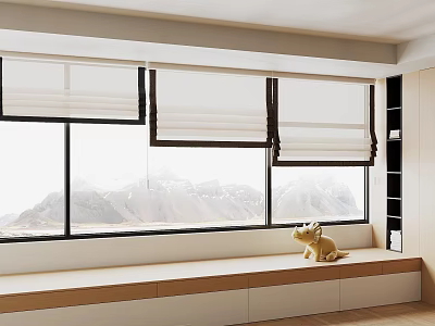 Stylish Window Blinds In Modern Room With Large Windows Mountain View And Wooden Sill 3d model
