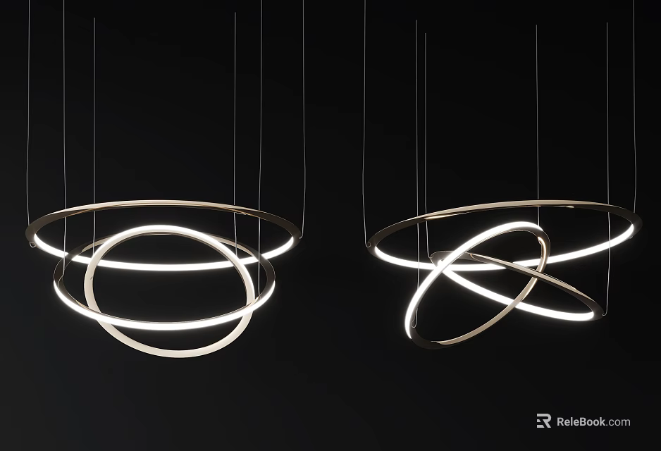 Modern Intertwined Circular Chandeliers With Illuminated Metal Frames And Sleek Design 3d model