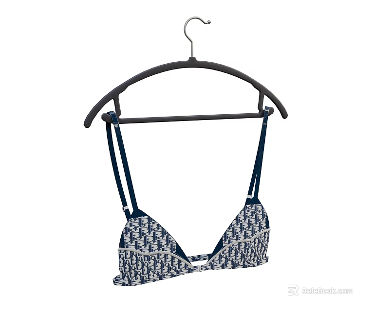 Women's Triangle Cup Bra With Blue White Pattern On Black Hanger 3d model 