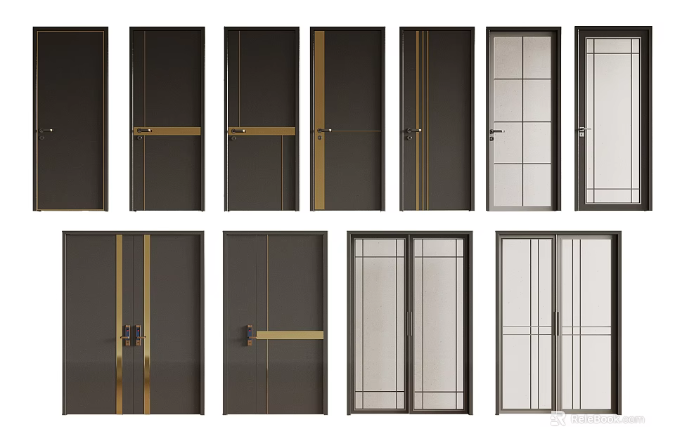 Modern Hinged Doors With Golden Accents Glass Panels And Various Designs 3d model 