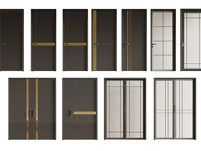 Modern Hinged Doors With Golden Accents Glass Panels And Various Designs 3d model