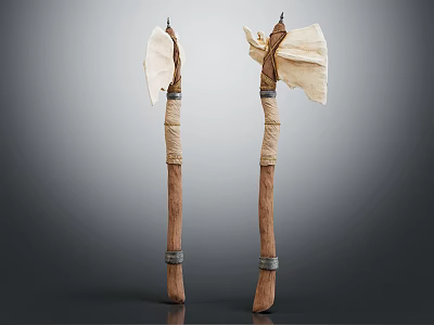 Traditional Handcrafted Axes with Wooden Handles Wrapped Cloth and Metal Rings 3d model