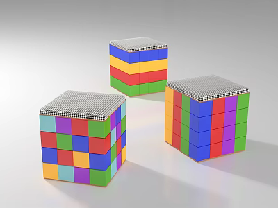 Three Colorful Cube Shaped Stools With Grid Patterned Top And Multicolored Design 3d model