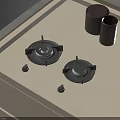 Modern Kitchen Countertop Featuring Two Gas Stove Burners Dark Cylindrical Containers And Small Knobs 3d model