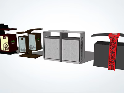 Public facility waste containers with various designs and colorful decorative elements 3d model