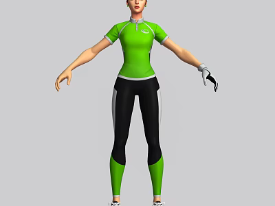 Sporty Game Movie Character Wearing Green Top Black Pants with White Stripes and Mechanical Glove 3d model