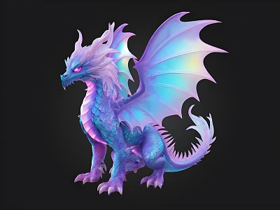 Fantasy Purple Blue Dragon Character With Transparent Iridescent Wings And Glowing Scales 3d model
