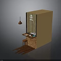 Brown Cube Interior Featuring Small Bar Counter Tableware High Stool Brick Wall And Pendant Light 3d model