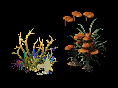Colorful Coral And Mushroom Decorations With Green Plants And Natural Details 3d model