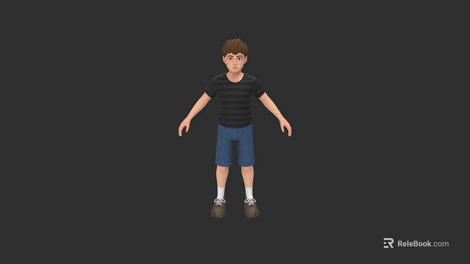 Game and Movie Character Boy Wearing Black Striped Shirt Blue Shorts White Socks Brown Shoes 3d model 