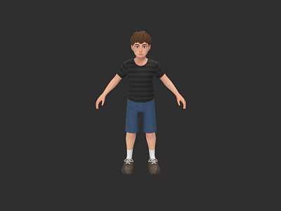 Game and Movie Character Boy Wearing Black Striped Shirt Blue Shorts White Socks Brown Shoes 3d model