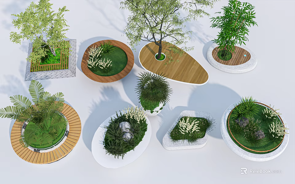 Diverse Tree Pits With Various Shapes Materials And Green Plants For Landscape Design 3d model 
