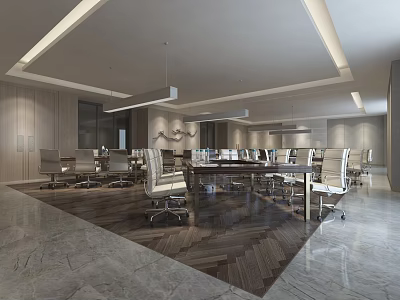 Modern Conference Room Interior With Large Table Ergonomic Chairs Wooden Decor And Marble Flooring 3d model