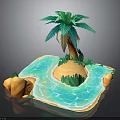3D Tropical Island Model With Palm Tree Blue Water Sandy Beach And Rocks