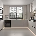 Modern Kitchen Interior With White Cabinets Black Appliances Window Countertop And Cooktop