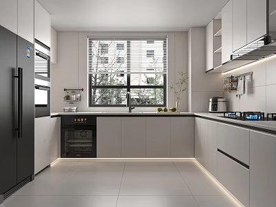 Modern Kitchen Interior With White Cabinets Black Appliances Window Countertop And Cooktop 3d model
