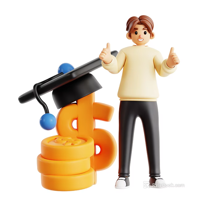Man Giving Thumbs Up Beside Graduation Cap Dollar Sign And Coins 3d model 