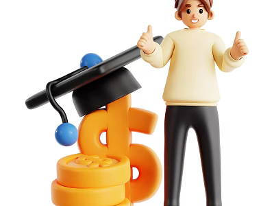 Man Giving Thumbs Up Beside Graduation Cap Dollar Sign And Coins 3d model