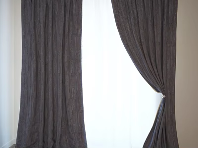 Dark Gray Textured Curtains Draped Open With White Sheer And Natural Light 3d model
