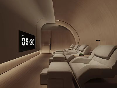 Modern SPA Sauna Interior With Curved Wooden Walls Reclining Chairs And TV Time 3d model