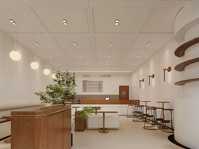 Modern Milk Tea Shop Interior Design With Cozy Seating And Green Plants 3d model