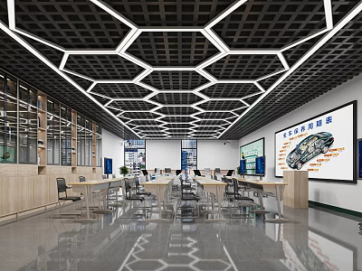 School Modern Training Classroom Interior With Hexagonal Ceiling And Car 3d model