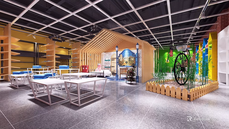 Modern Clothing Store Interior With Wooden Display Racks White Tables And Green Plant Decorations 3d model 