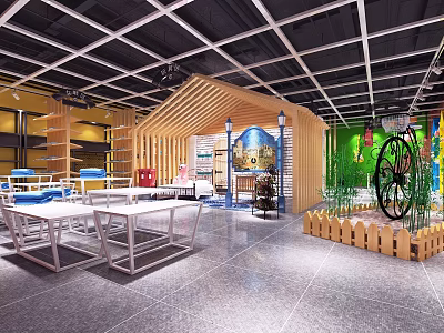 Modern Clothing Store Interior With Wooden Display Racks White Tables And Green Plant Decorations 3d model
