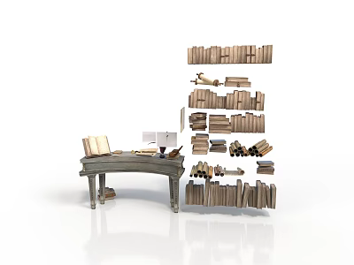 Classic Reading Space With Vintage Desk Stacked Books Open Book Table Lamp And Papers 3d model