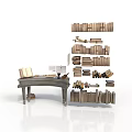 Classic Reading Space With Vintage Desk Stacked Books Open Book Table Lamp And Papers