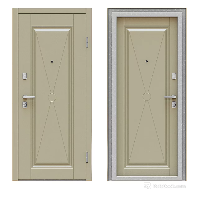 Beige Swing Door With Simple Geometric Panel Design And Metal Handle Lock For Home Interior 3d model 