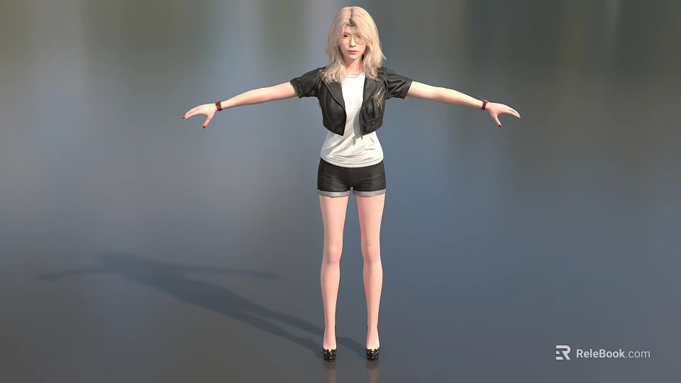 Blonde Game Movie Character in Black Jacket White Top Black Shorts Arms Outstretched Gray Background 3d model 