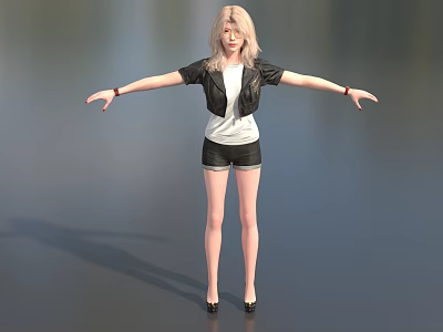 Blonde Game Movie Character in Black Jacket White Top Black Shorts Arms Outstretched Gray Background 3d model