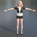 Blonde Game Movie Character in Black Jacket White Top Black Shorts Arms Outstretched Gray Background