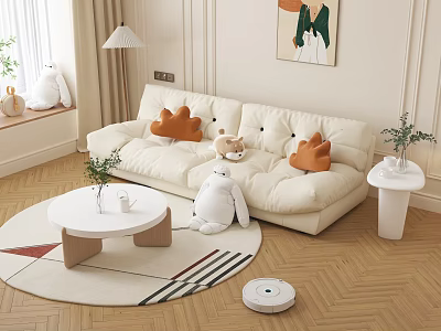 Plush Large Sofa with Orange Beige Pillows Round Coffee Table Green Plant and Patterned Rug 3d model