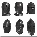 Collection of Medieval Knight Helmets with Various Metal Designs and Historical Features
