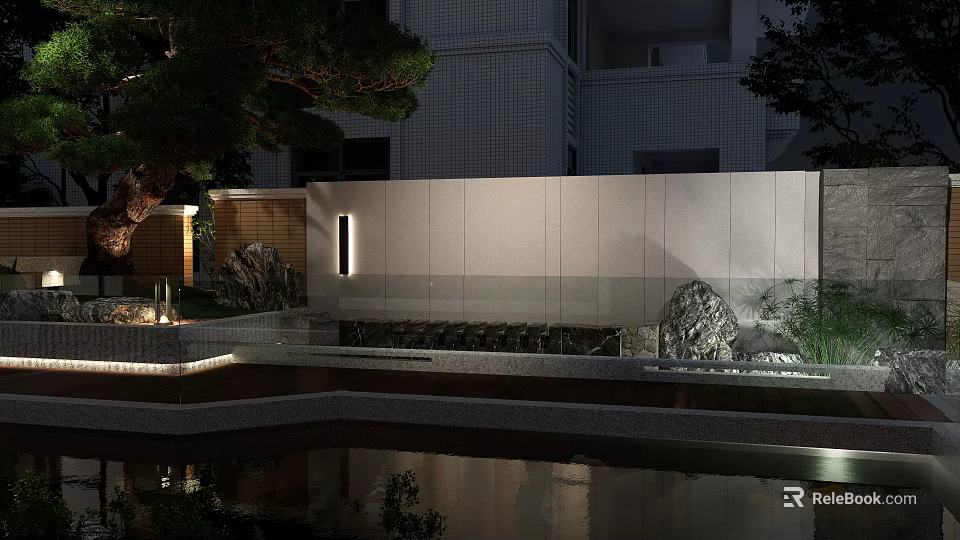 Modern Garden Landscape With Water Pond Lighting Trees And Rock Features 3d model 