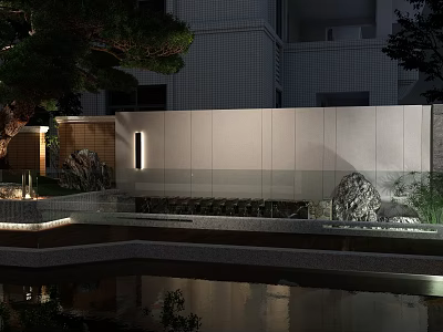 Modern Garden Landscape With Water Pond Lighting Trees And Rock Features 3d model