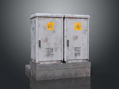 Two Gray Metal Distribution Boxes With Yellow Warning Signs On Concrete Base 3d model