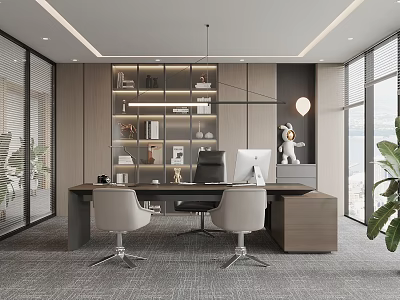 Modern Office Interior With Wooden Desk Chairs Bookshelf Green Plant And Window View 3d model