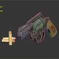 Black Body Revolver With Wooden Grip And Bullets On Reflective Surface