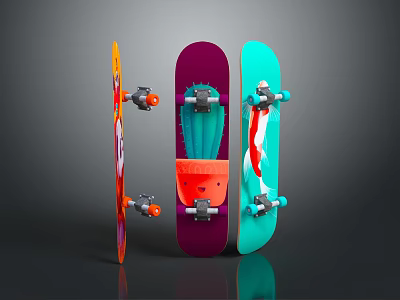 Three Colorful Skateboards in Orange Purple Turquoise with Creative Designs and Durable Wheels 3d model