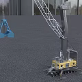 Industrial Crane Equipment With Blue Grab Bucket Yellow Base Metal Frame And Boom Structure